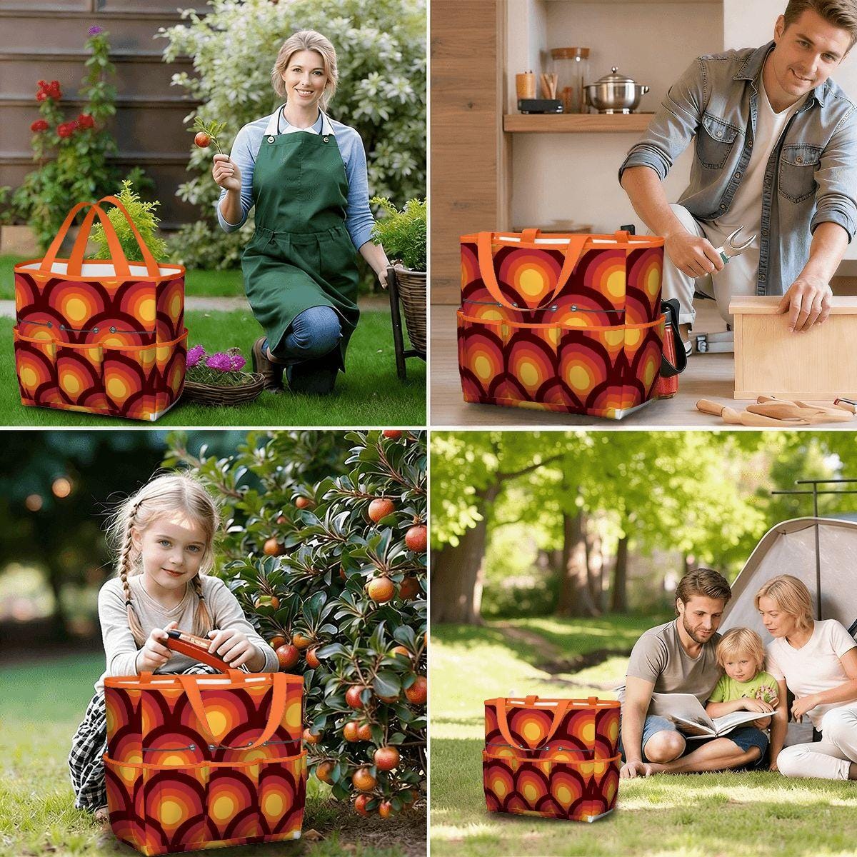 Retro 70s Gardening Tool Organizer Bag – Orange Flower Power Tote