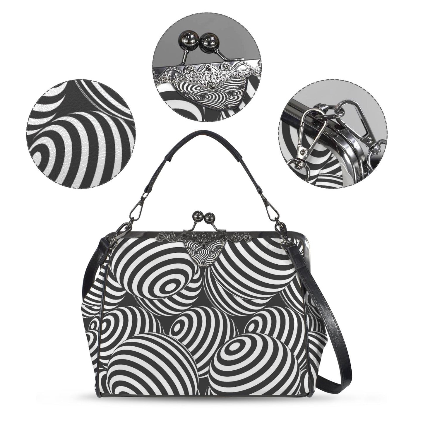 Black White Op-Art Kisslock Crossbody Bag – Vintage 80s Monochrome Handbag