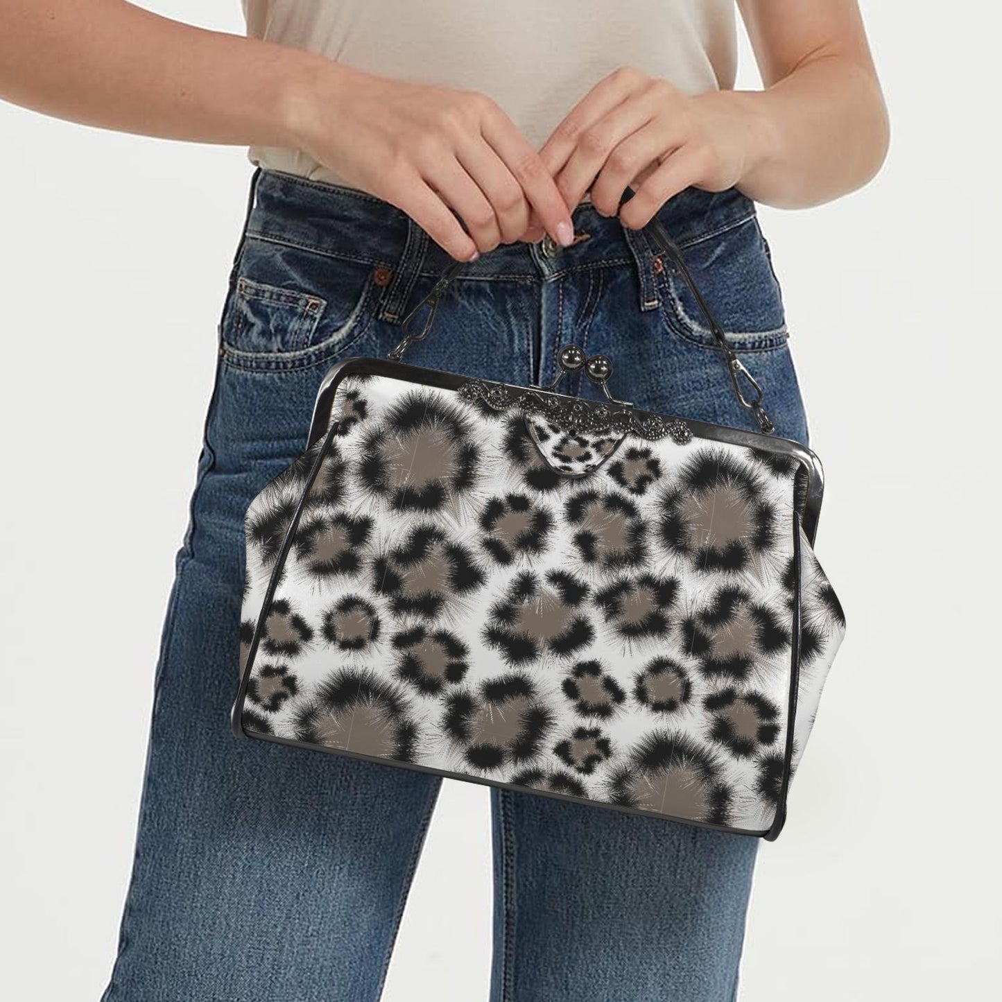 Snow Leopard Kisslock Crossbody Bag – Animal Print Vintage Handbag