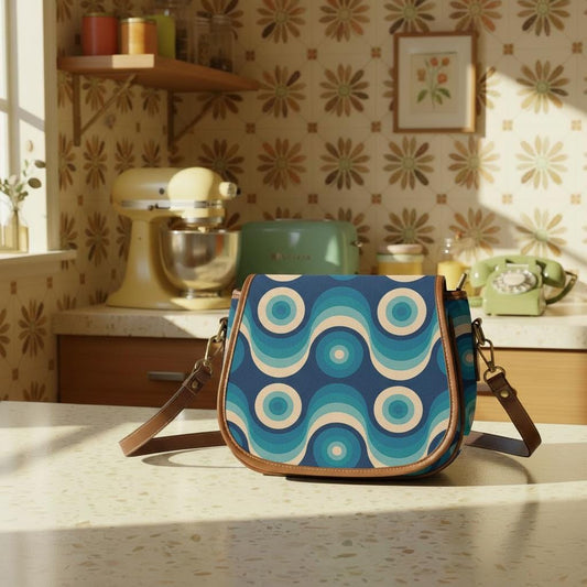Retro 70s Wave Pattern Saddle Bag - Midcentury Style Crossbody Handbag
