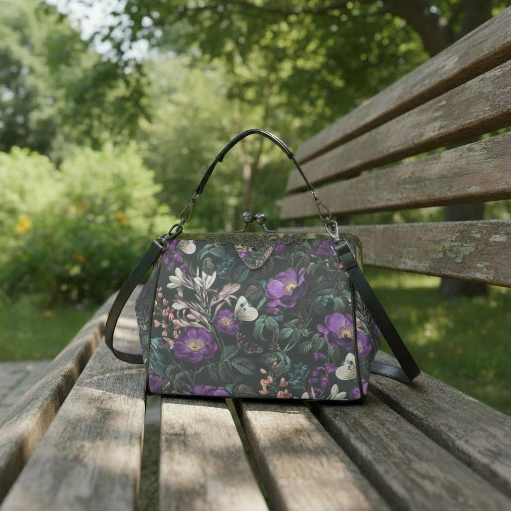 Dark Flowers Butterflies Kisslock Crossbody Handbag - Vintage Academia Floral Bag