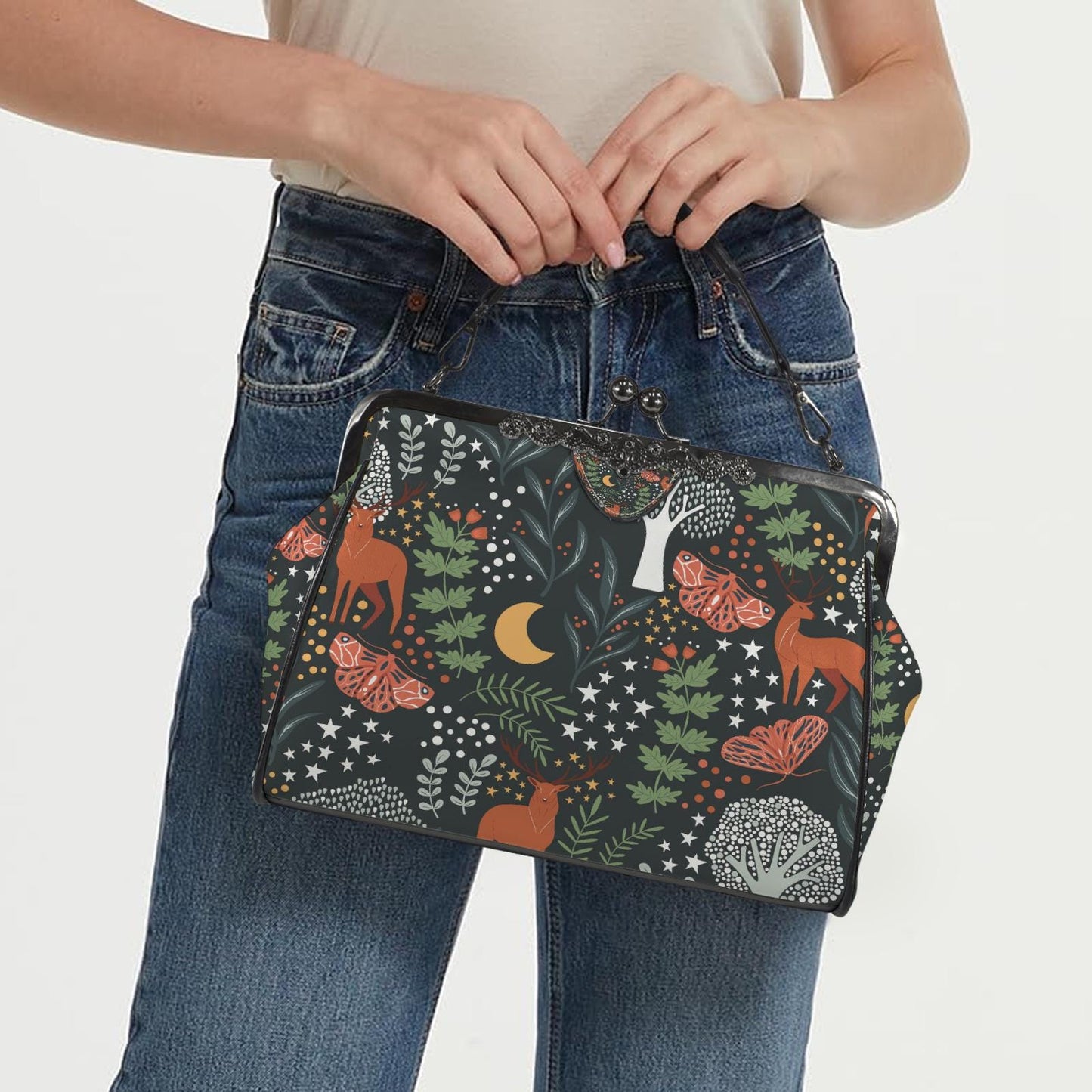 Vintage Forest Kisslock Shoulder Handbag – Dark Academia Fashion