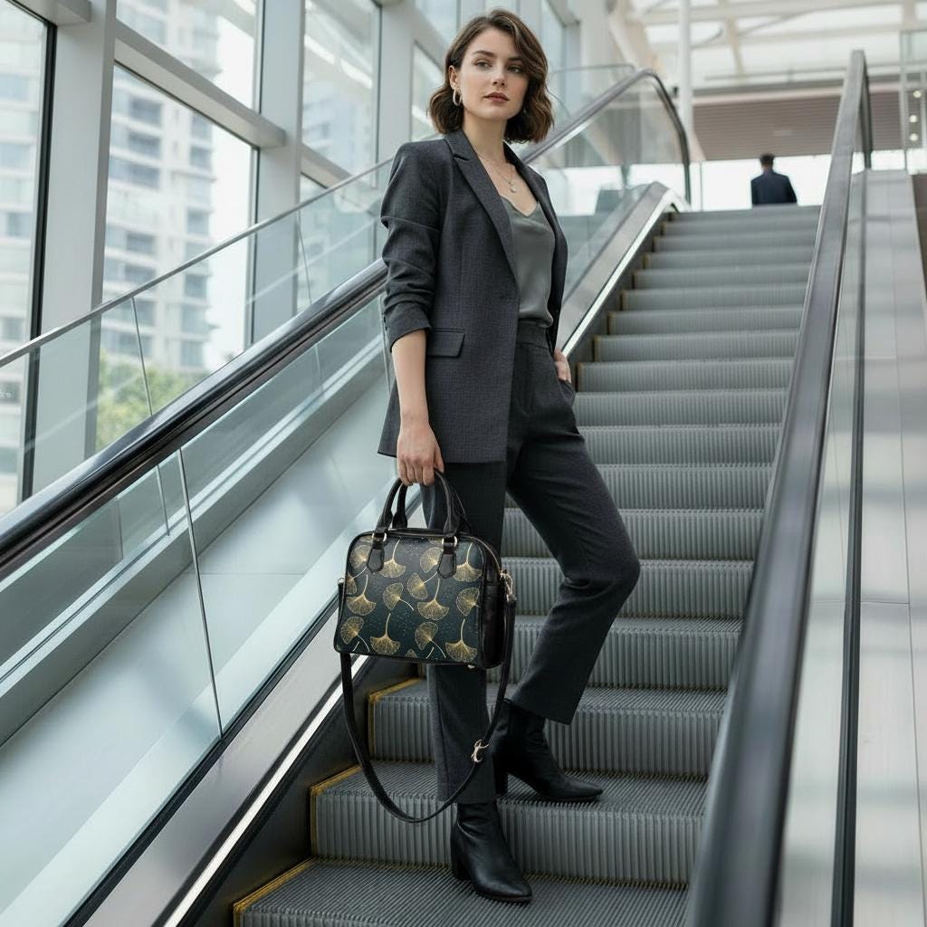 Black Gold Ginkgo Leaves Shoulder Handbag – Botanical Vegan PU Leather Handbag