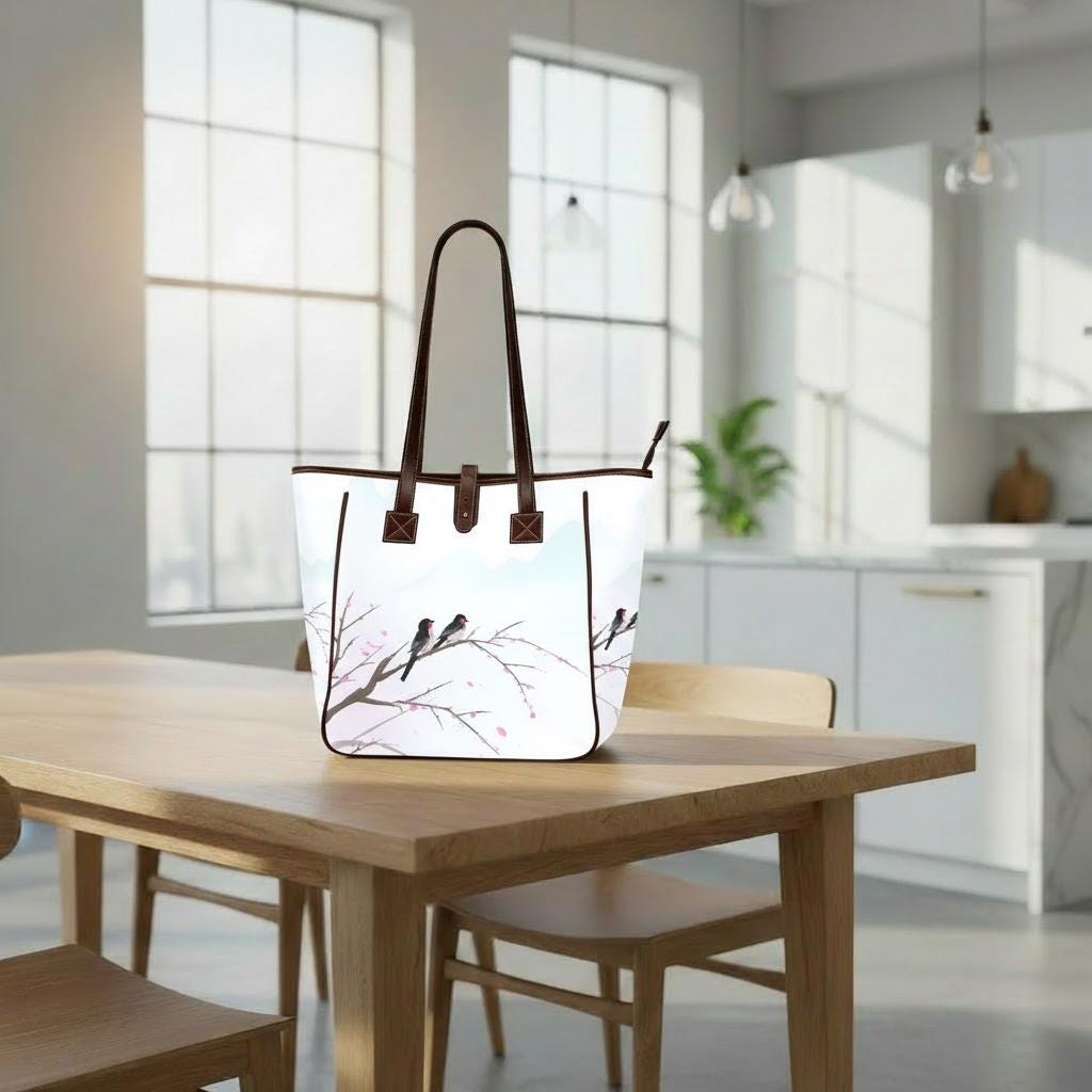 Sakura Watercolor Birds Tote Bag – Large Asian Art Style Handbag