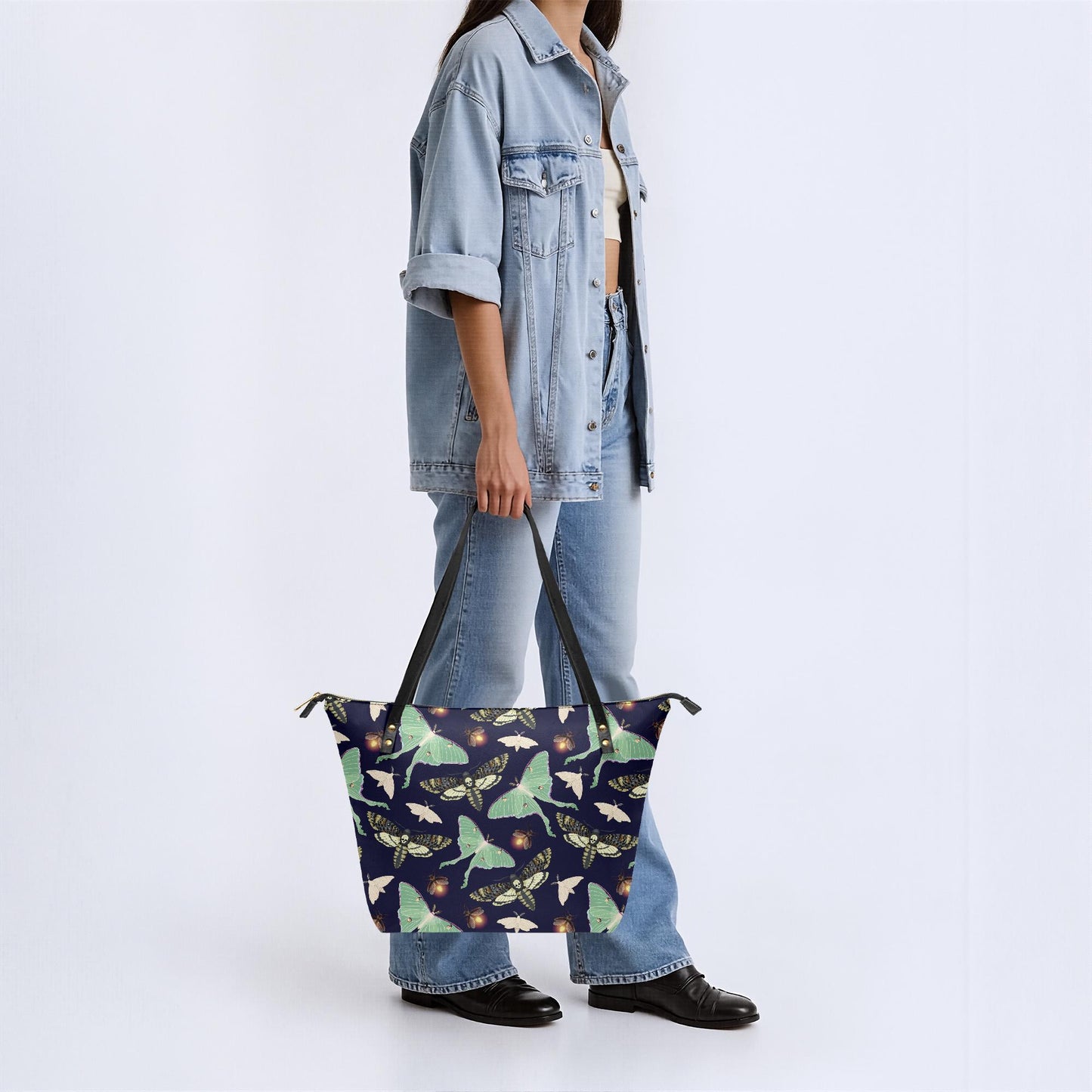 Dark Academia Moths Roomy Tote Bag - Black Green Large Shoulder Handbag Shopper