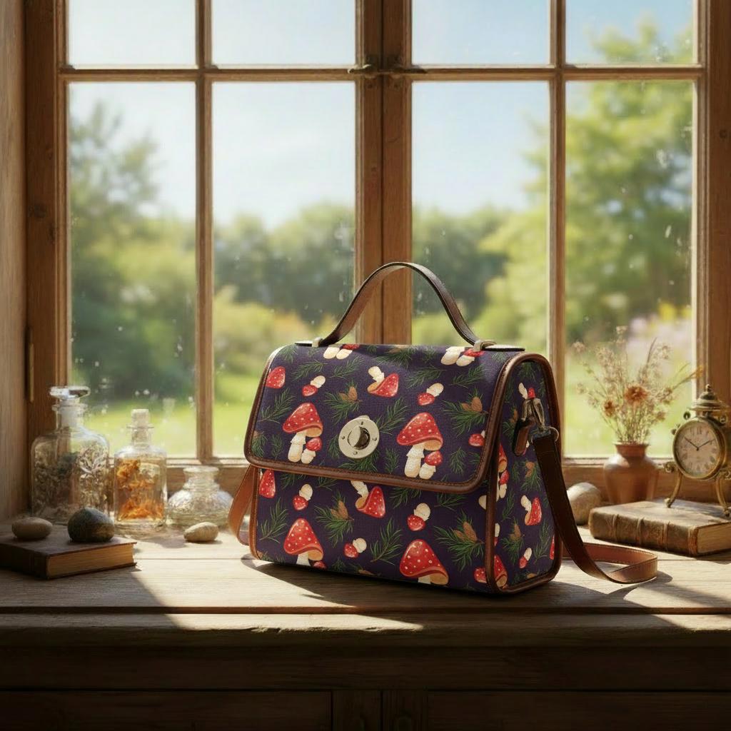Toadstool Mushrooms Canvas Crossbody Bag – Black Red Dark Academia Handbag
