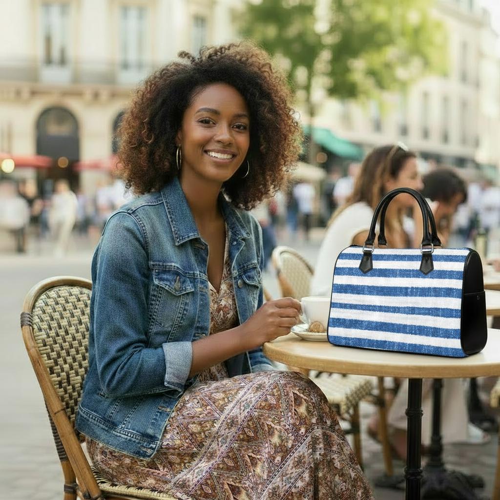 Sac à main en toile à rayures bleues et blanches – Sac à main végétalien en similicuir d'inspiration nautique