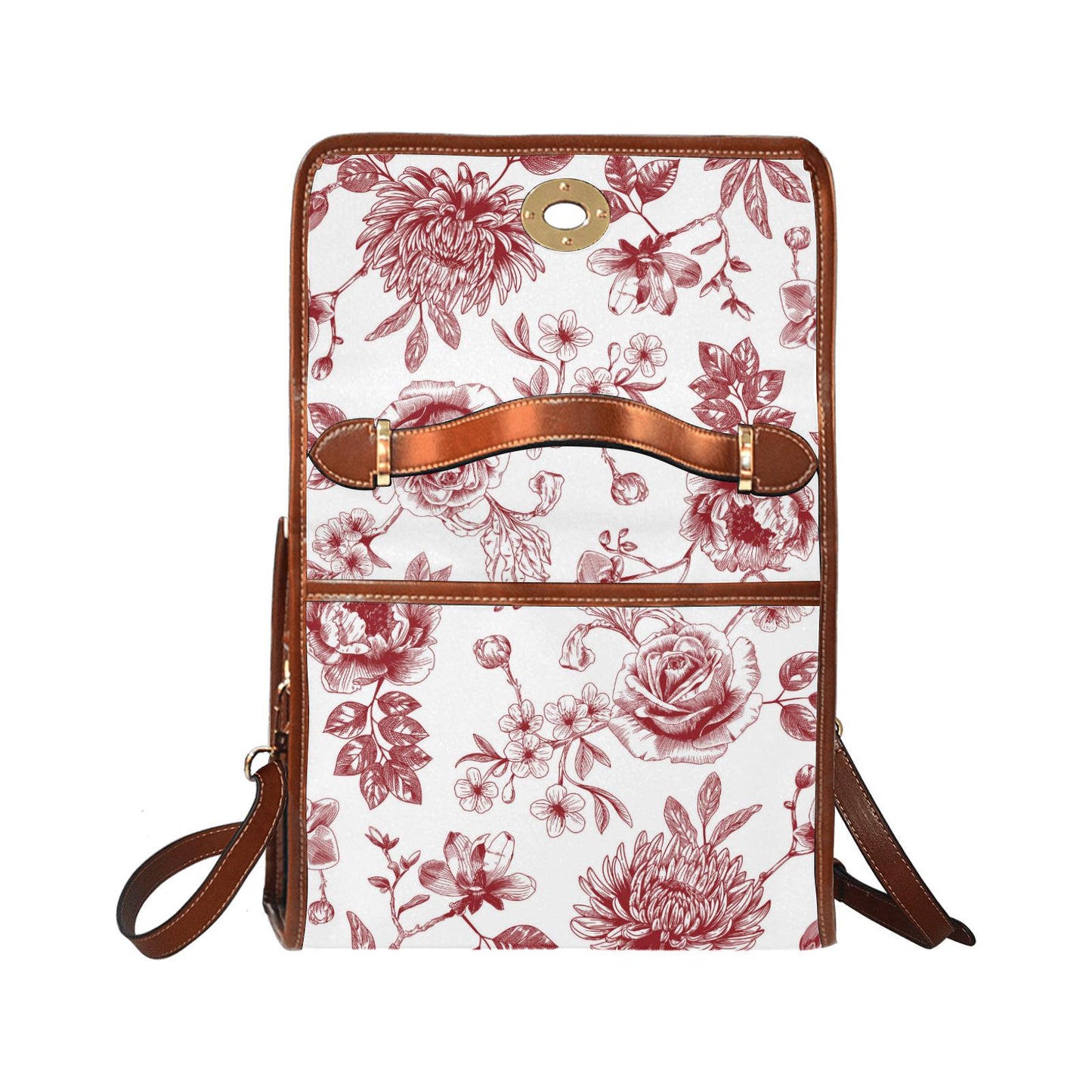 Toile de Jouy Canvas Crossbody Handbag – Vintage White Red Floral Top Handle Bag
