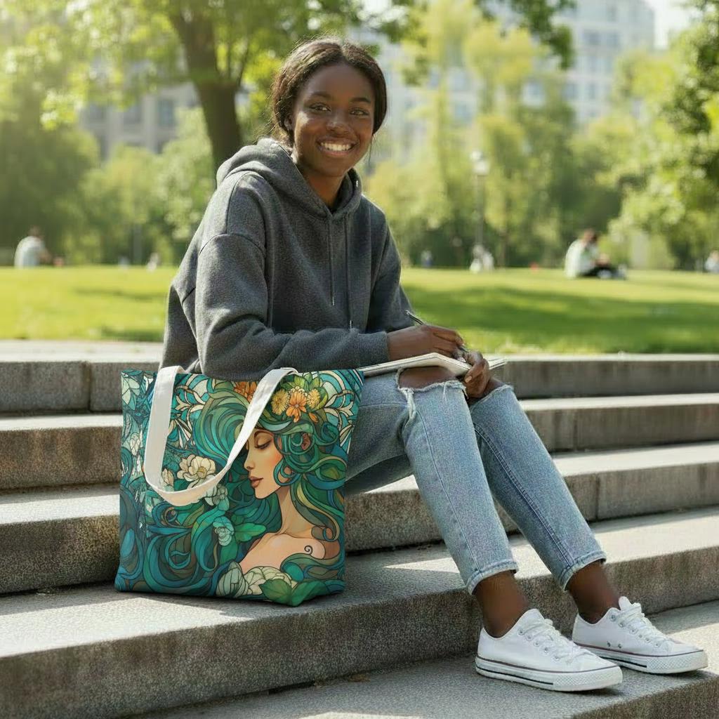 Art Nouveau Yoga Tote Bag with Mat Holder – Large Cotton Linen Fitness Shoulder Tote