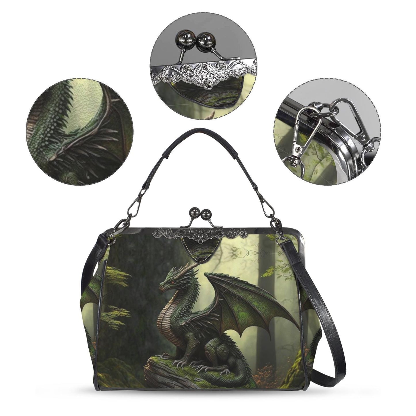 Dragon Fantasy Kisslock Crossbody Shoulder Bag - Dark Academia Gothic Handbag