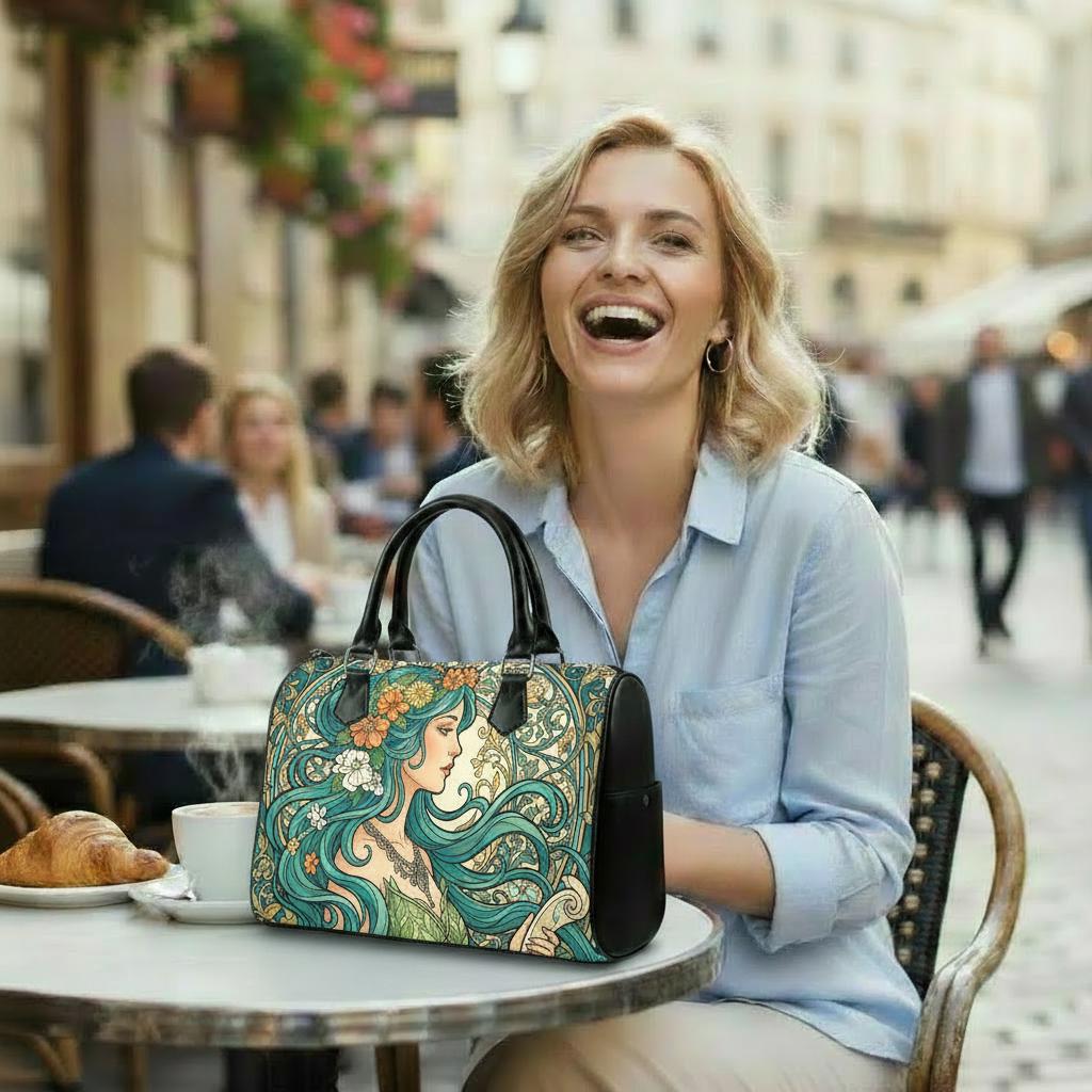 Art Nouveau Barrel Type Handbag – Green Black Romantic Bag
