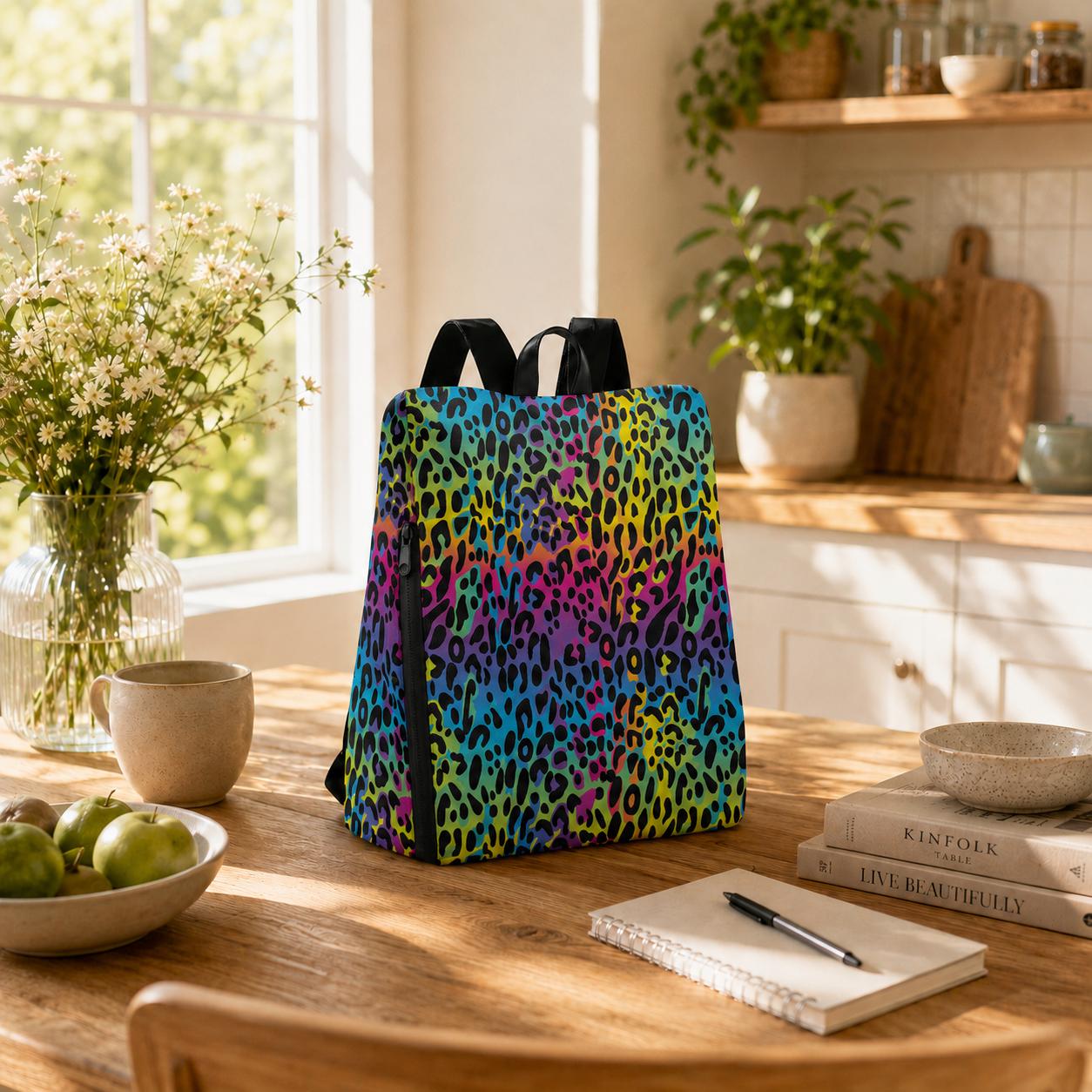 Rainbow Leopard Canvas Backpack – Cheetah Print Daypack