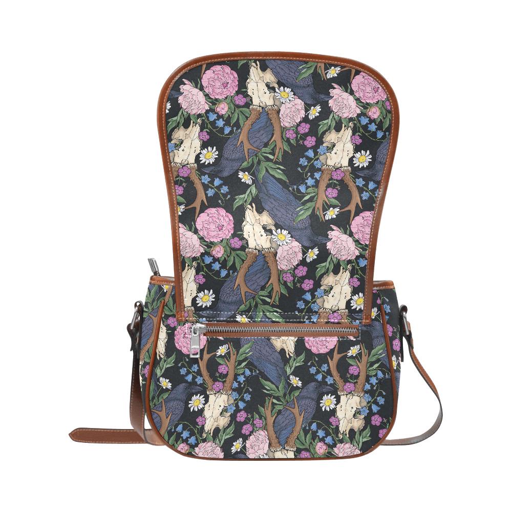 Dark Academia Black Raven Saddle Bag – Large Crossbody Oxford Fabric Vegan Handbag
