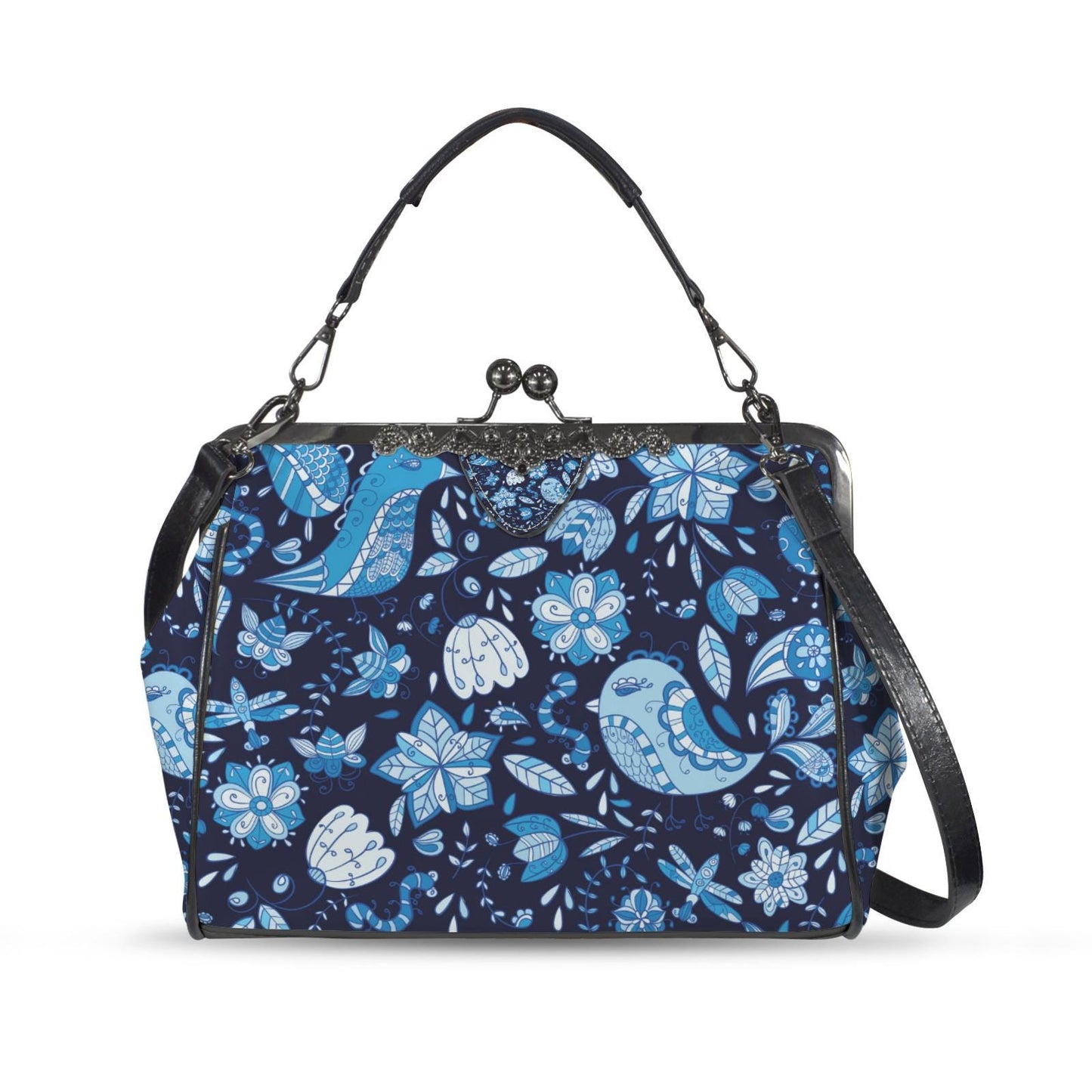 Blue Birds Flowers Folkloric Kisslock Crossbody Bag – Vintage Handbag with Adjustable Strap