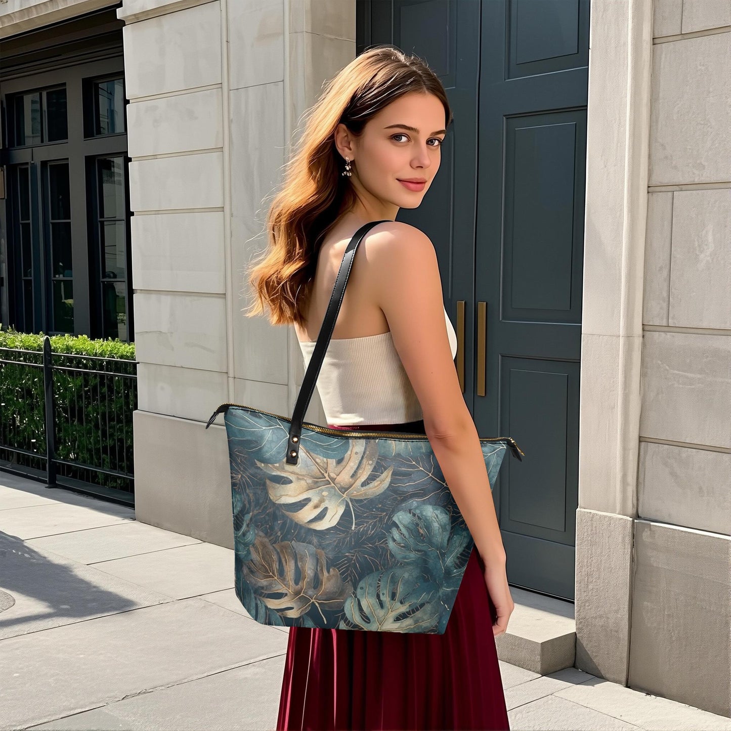 Roomy Tote Bag with Retro Monstera Leaves - Large Shoulder Handbag Shopper