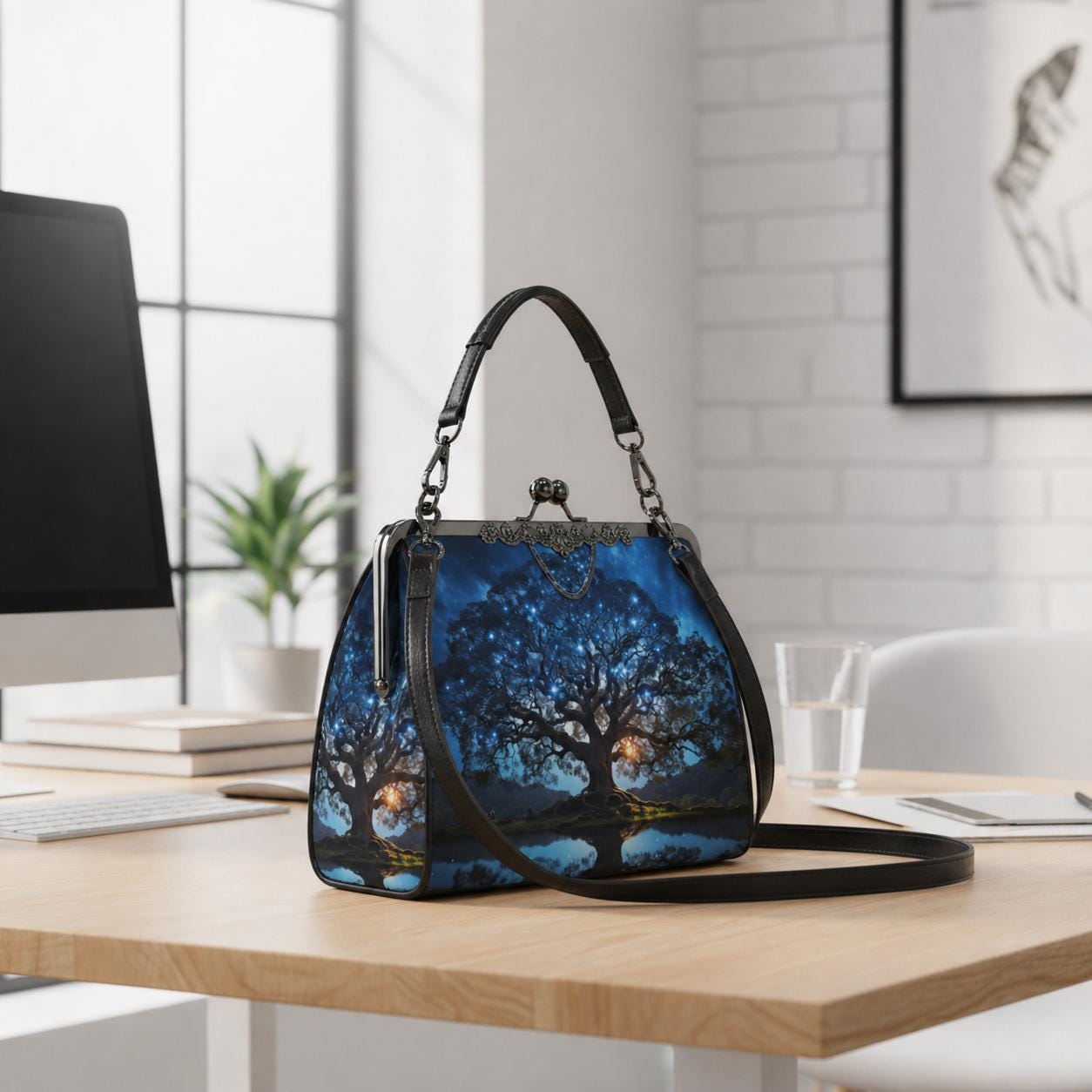 Bold Tree at Night Kisslock Crossbody Shoulder Bag - Blue Black Dark Academia Handbag