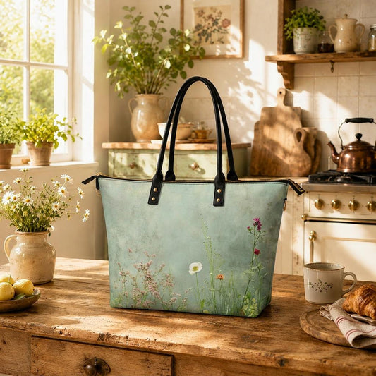 Green Summer Flowers Meadow Roomy Tote Bag - Large Floral Shoulder Handbag Shopper