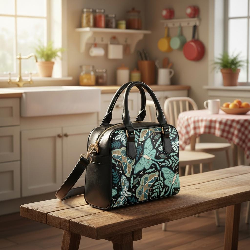 Dark Academia Moths & Moon Shoulder Top Handle Handbag