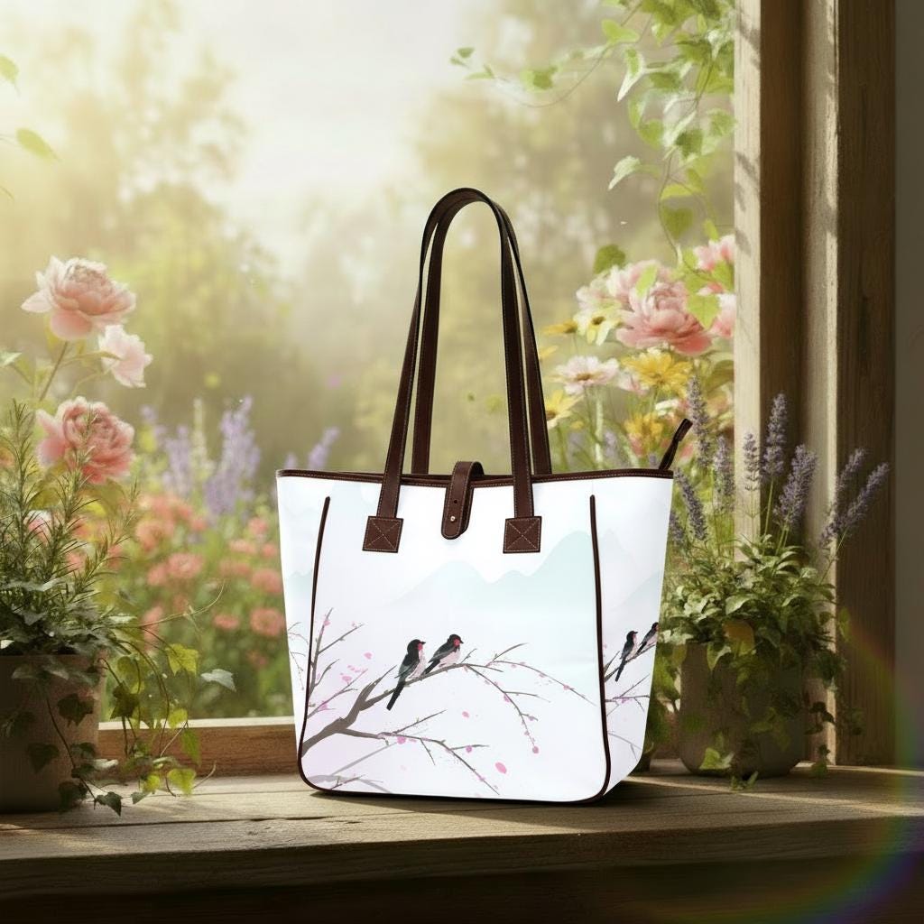 Sakura Watercolor Birds Tote Bag – Large Asian Art Style Handbag