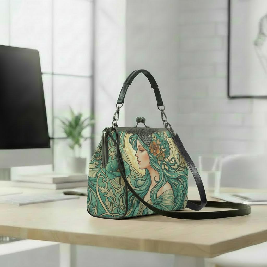 Art Nouveau Style Kisslock Crossbody Handbag - Vintage Romantic Bag