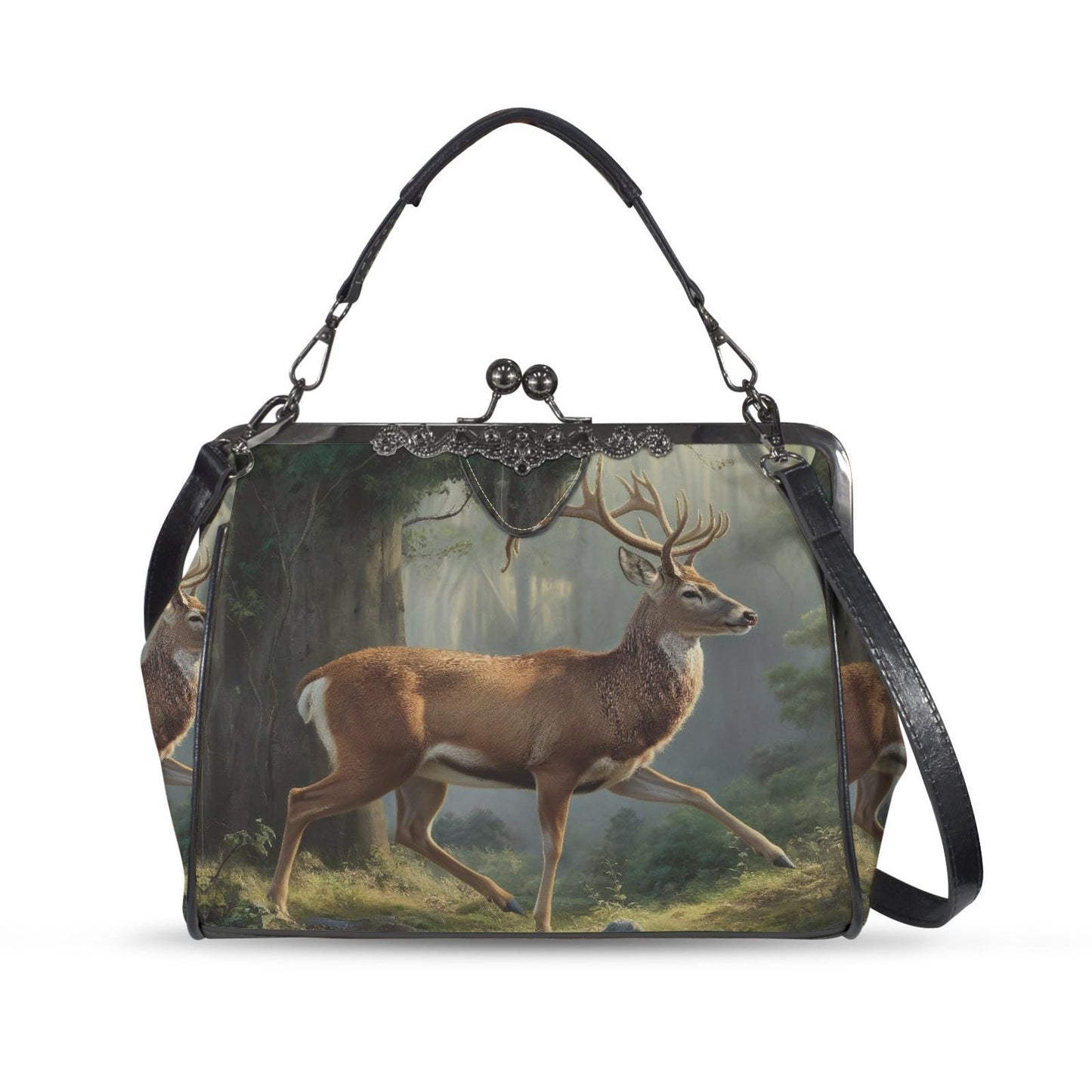 Majestic Deer Forest Dark Academia Handbag - Fairycore Kisslock Crossbody Shoulder Bag