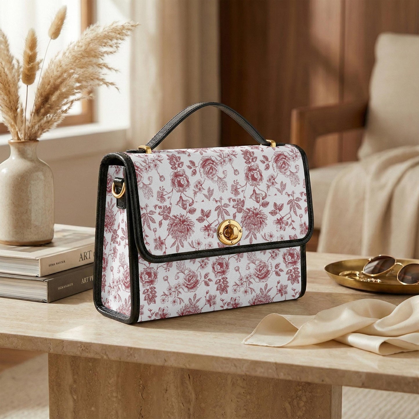 Red White Toile de Jouy Handbag – French Floral Vintage Canvas Crossbody