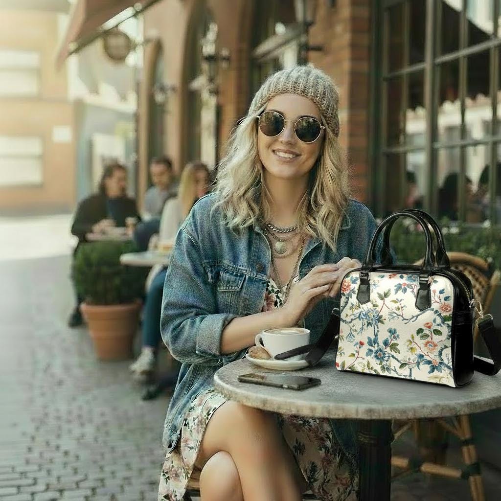Toile de Jouy Shoulder Handbag – French Vintage Floral Handbag with Top Handle