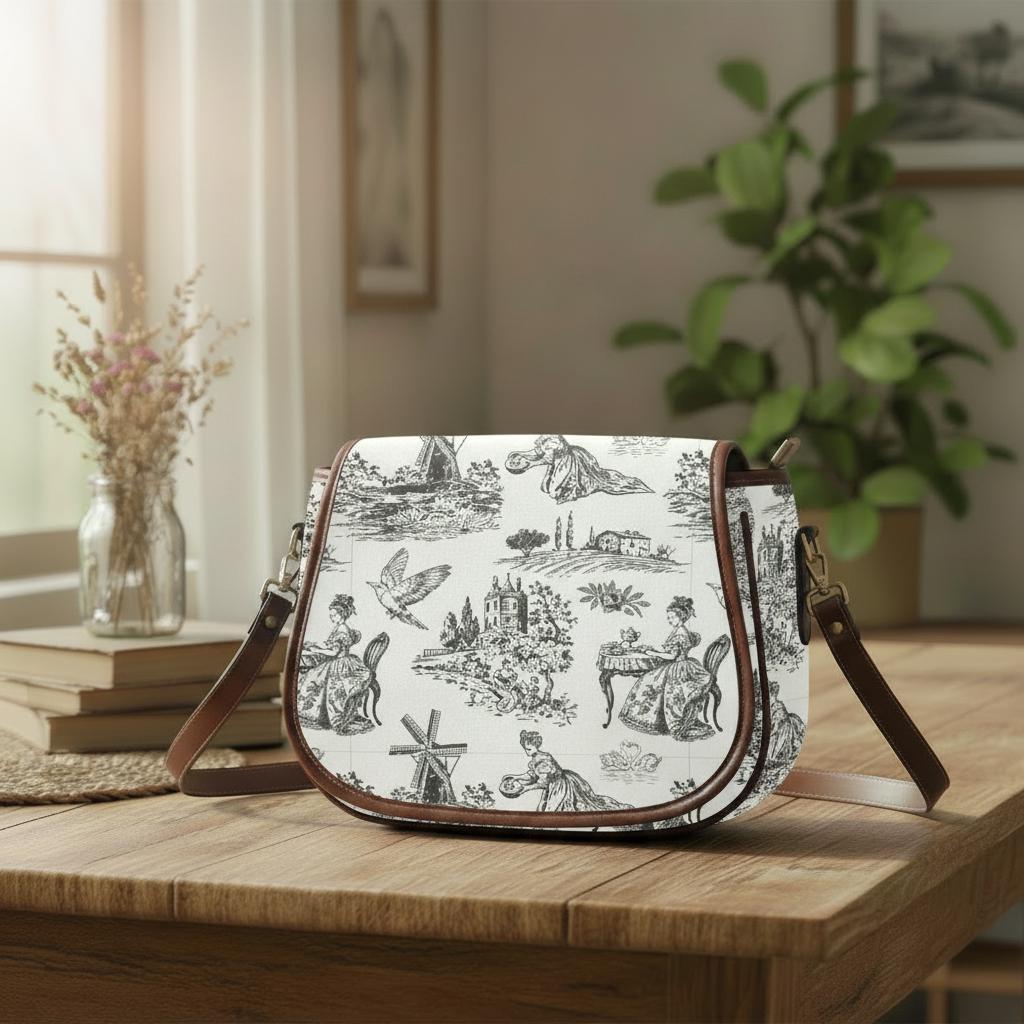 Toile de Jouy Saddle Bag, French Vintage Romantic Crossbody or Shoulder Handbag
