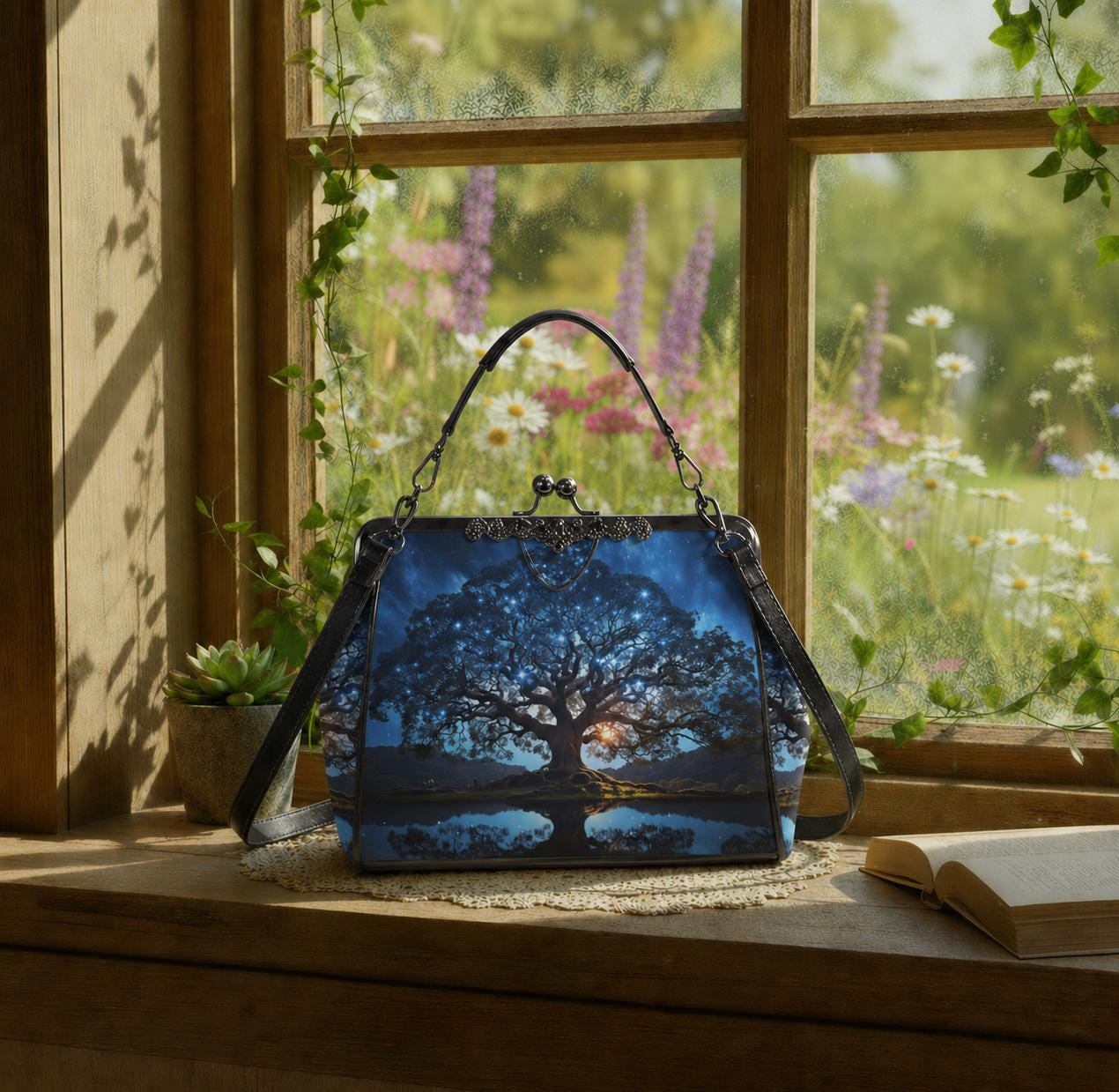 Bold Tree at Night Kisslock Crossbody Shoulder Bag - Blue Black Dark Academia Handbag