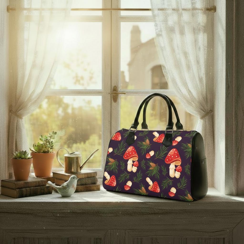 Dark Academia Mushroom Barrel Handbag – Black Red Botanical Forest Bag
