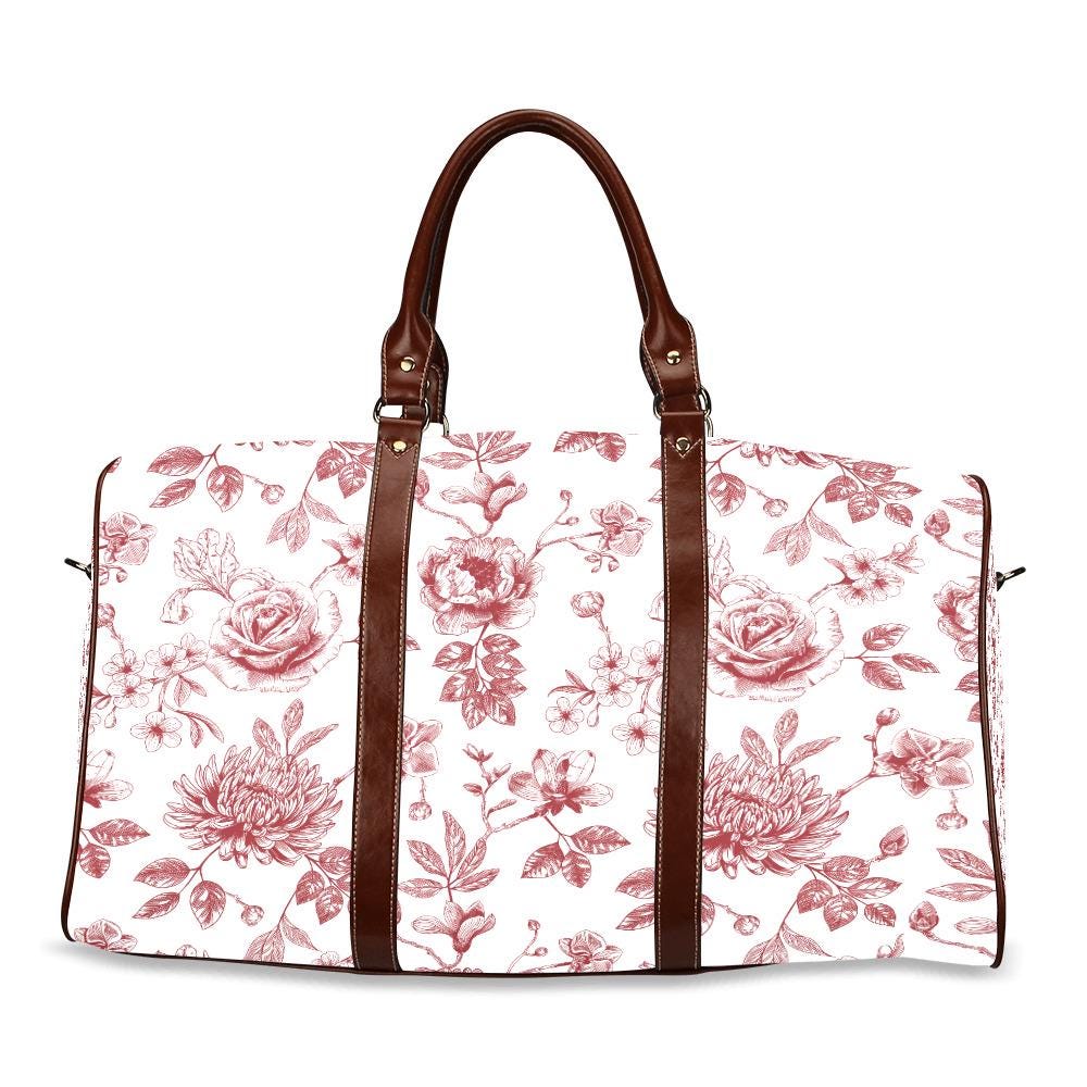Toile de Jouy Red White Floral Travel Bag – French Vintage Weekender Duffle