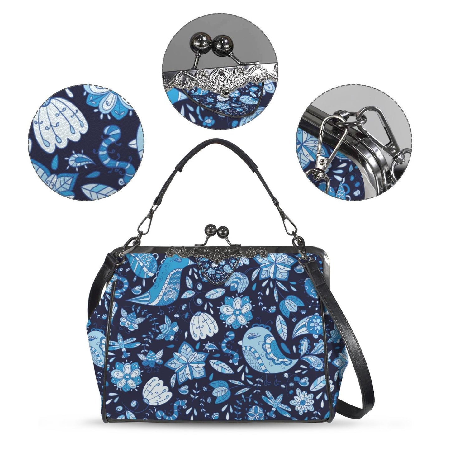Blue Birds Flowers Folkloric Kisslock Crossbody Bag – Vintage Handbag with Adjustable Strap