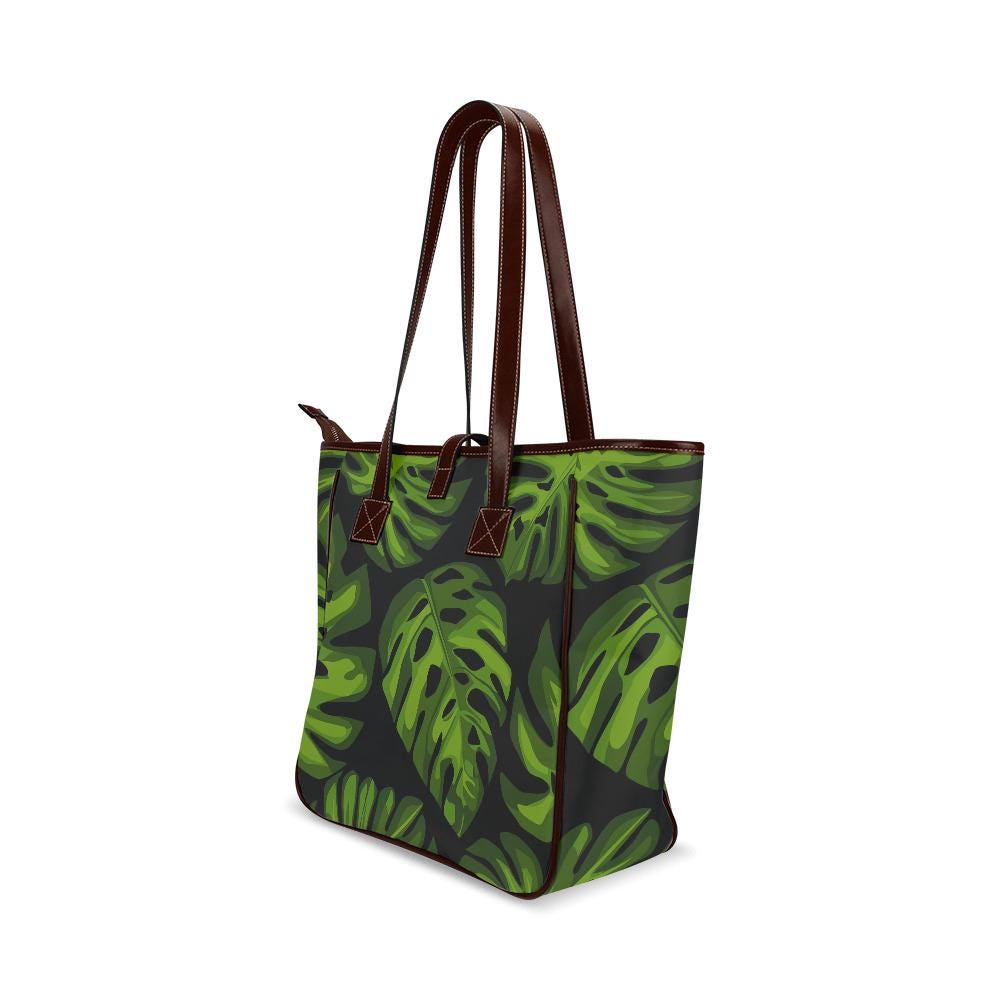 70s Retro Monstera Leaf Tote Bag – Large Dark Academia Zip Handbag