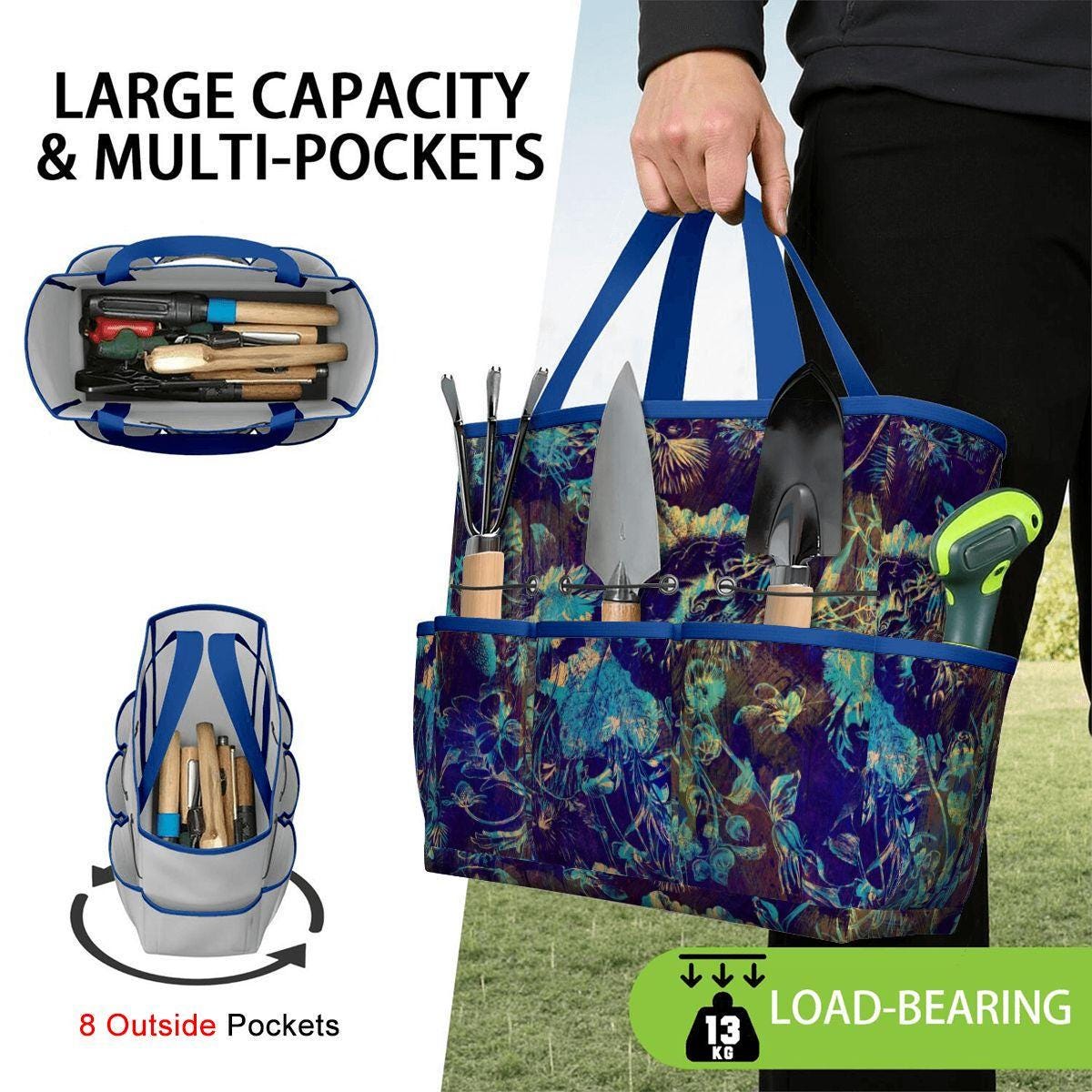 Black Blue Green Floral Gardening Tool Organizer Bag – Dark Academia Moody Tote