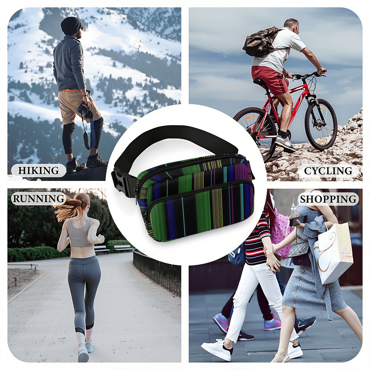 Retro 80s Striped Pattern Fanny Pack – Hands-Free Belt Bag