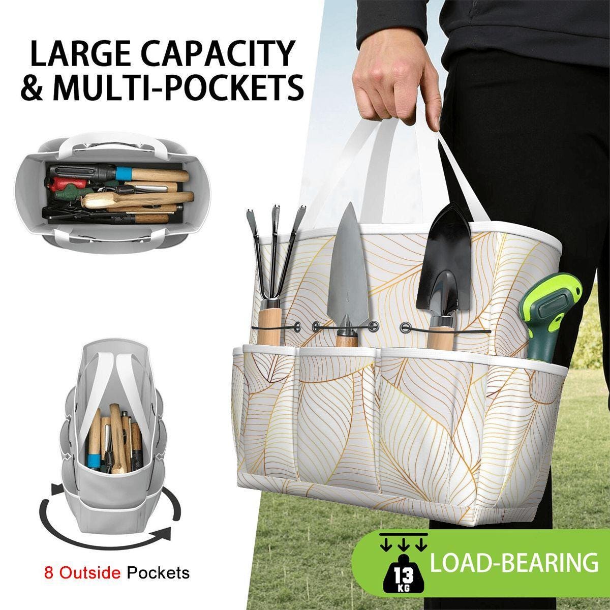 White Gold Leaves Gardening Tool Organizer Bag – Luxury Elegant Gardening Gift