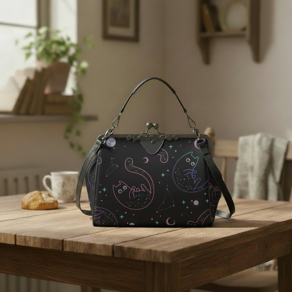 Dark Academia Space Cat Vintage Kisslock Bag - Victorian Gothic Crossbody