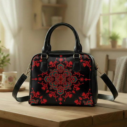 Sac à Main Dragon Rouge et Noir – Sac à Main en Cuir PU Vegan Style Vintage Asiatique