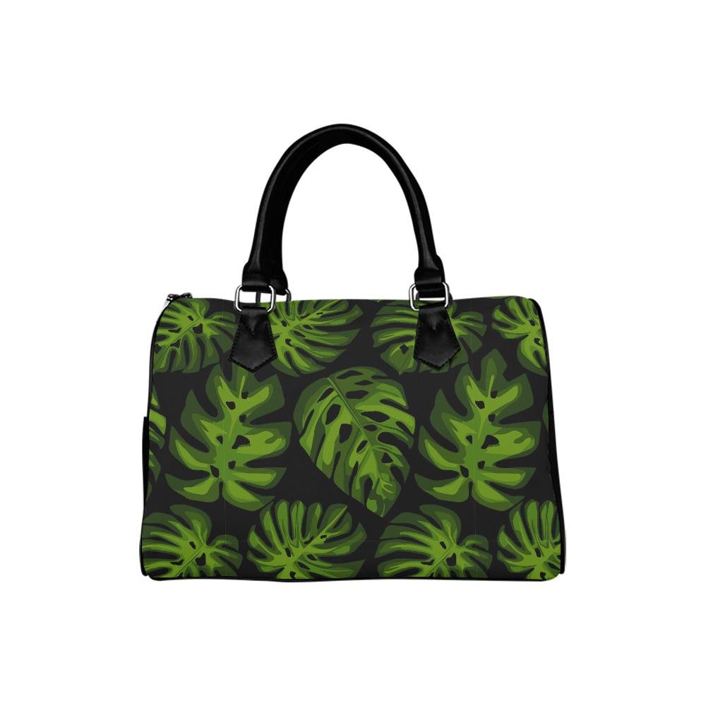 Retro 60s Monstera Print Barrel Handbag – Black Green Botanical Bag