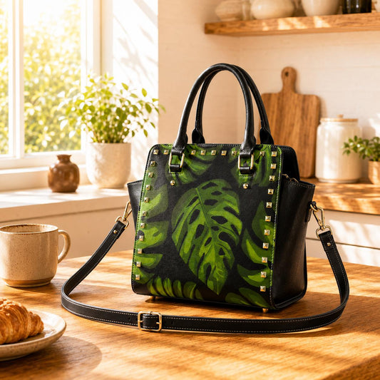 Retro 70s Monstera Rivet Shoulder Handbag – Vintage Midcentury Print Purse