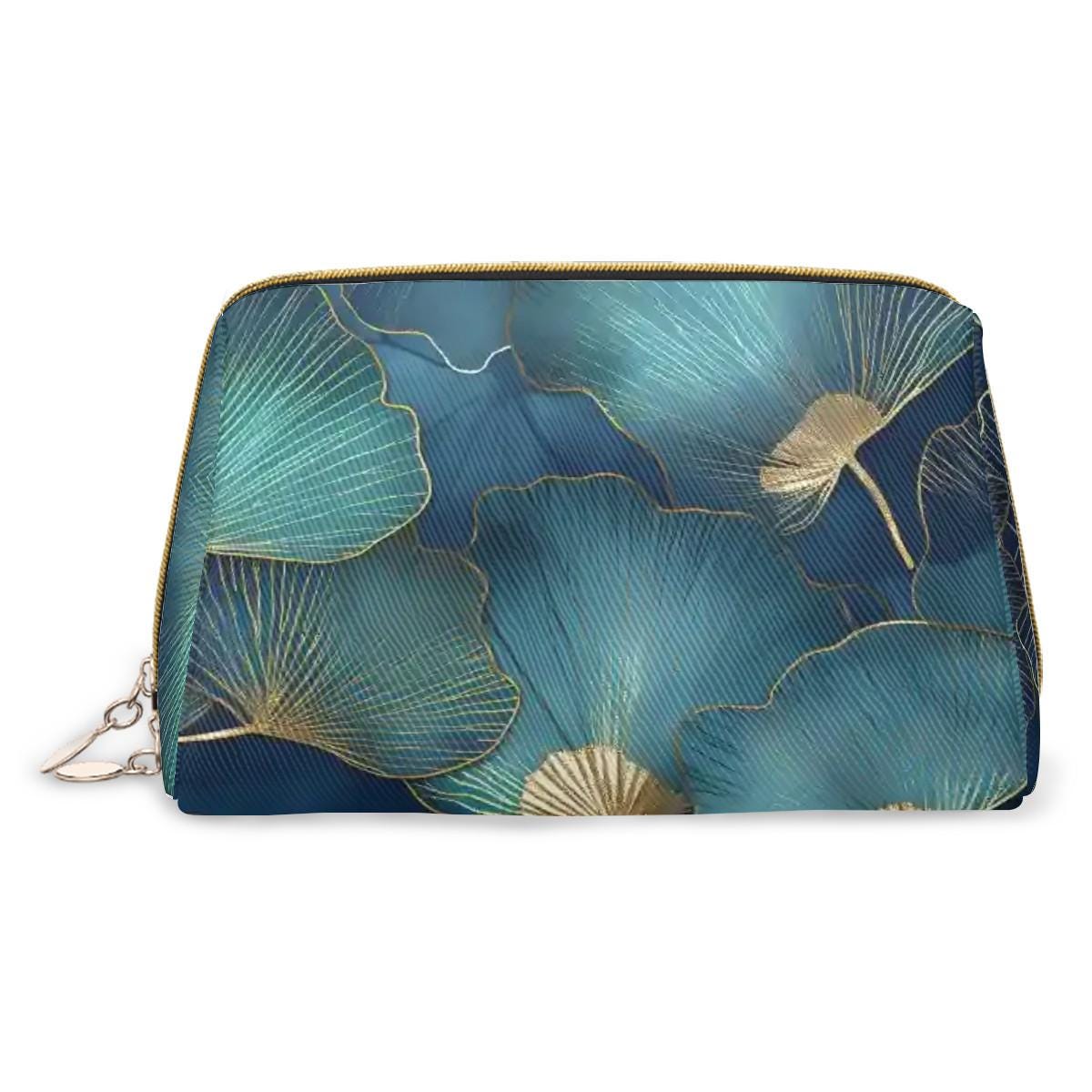 Blue Gold Ginkgo Leaf Makeup Bag – Botanical Faux Leather Travel Cosmetics Case
