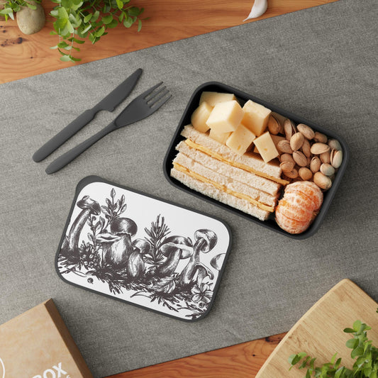 Black White Mushroom Bento Box: Botanical Vegan Lunch Kit with Cutlery