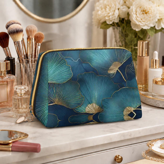 Blue Gold Ginkgo Leaf Makeup Bag – Botanical Faux Leather Travel Cosmetics Case