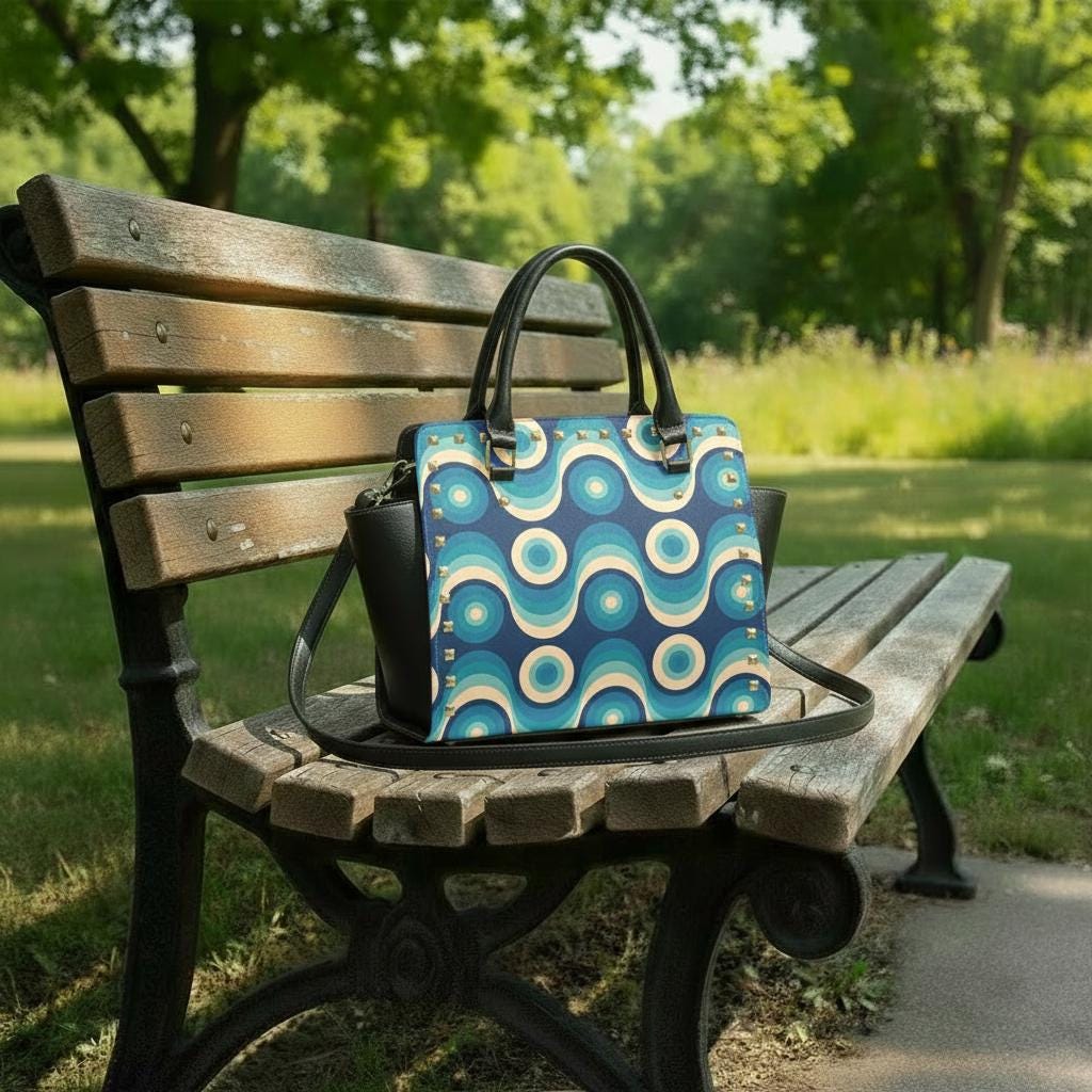 Blue Black Retro 70s Rivet Shoulder Handbag – Vintage Midcentury Style Purse