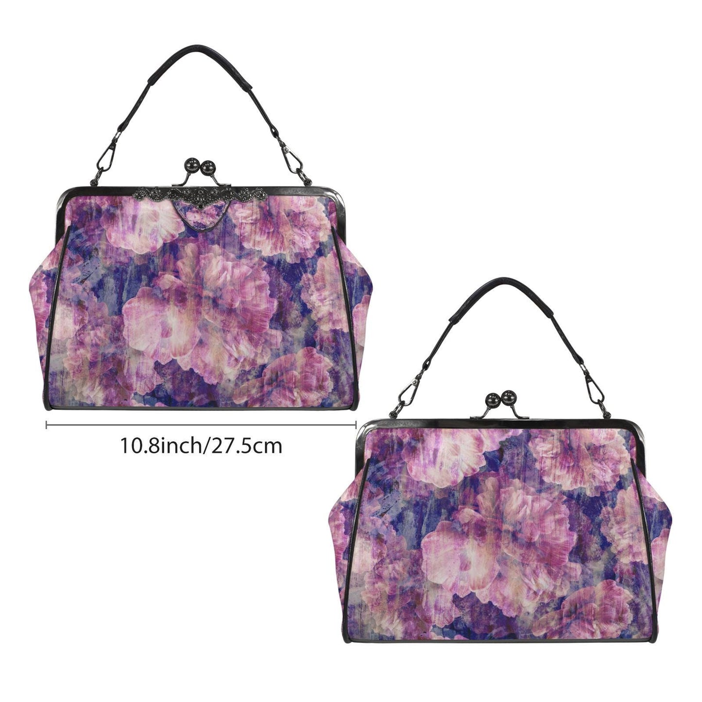 Purple Pink Flowers Kisslock Handbag - Faded Vintage Floral Crossbody Shoulder Bag