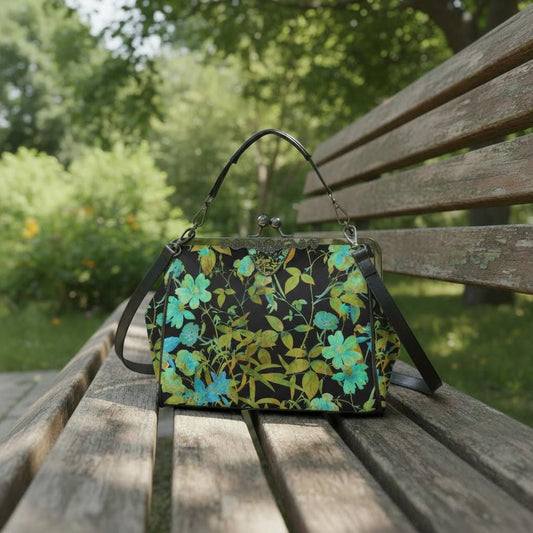 Dark Academia Black Green Kisslock Crossbody Bag – Floral Cottagecore Handbag