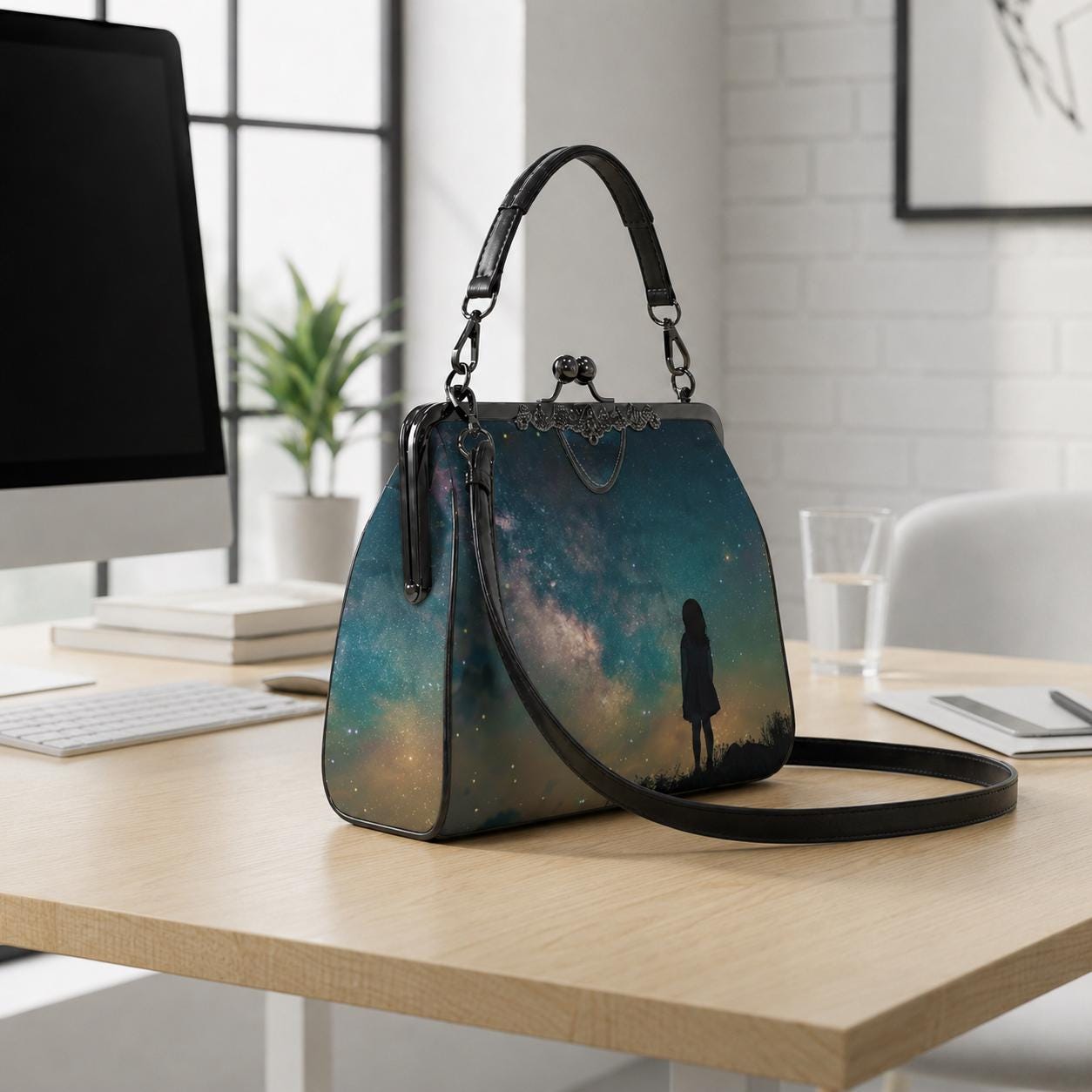 Solitude Girl Vintage Kisslock Crossbody Bag –  Dark Academia Handbag with Adjustable Strap