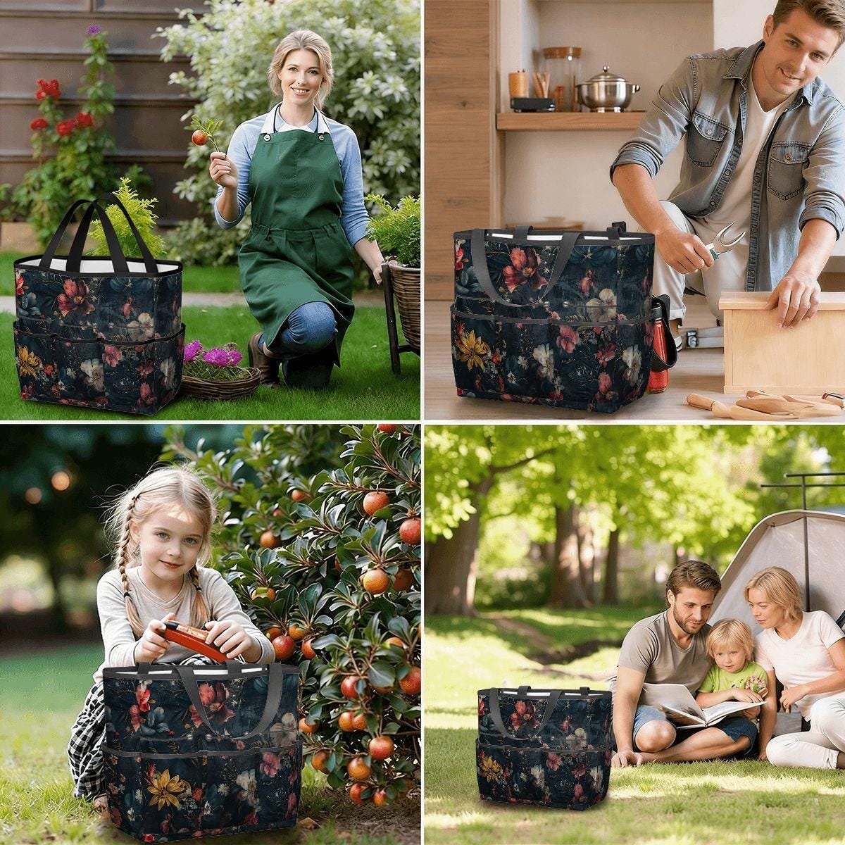 Dark Floral Gardening Tool Organizer Bag – Durable Moody Garden Tote with Pockets