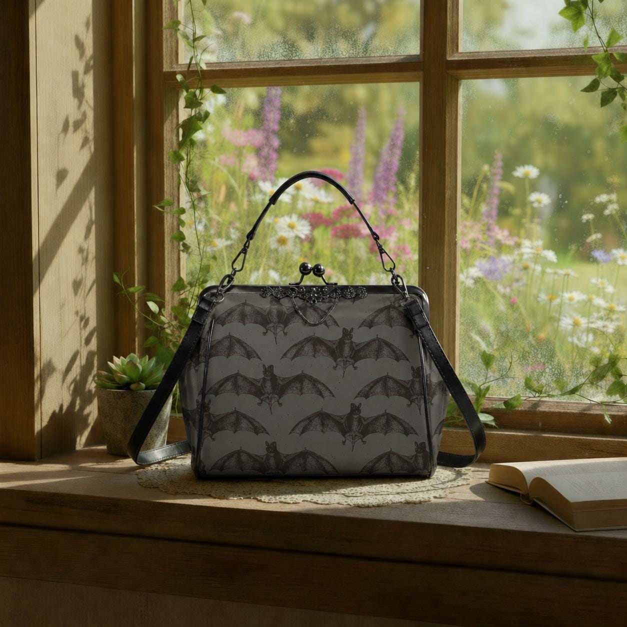 Moody Gothic Bats Kisslock Crossbody Shoulder Bag - Dark Academia Handbag