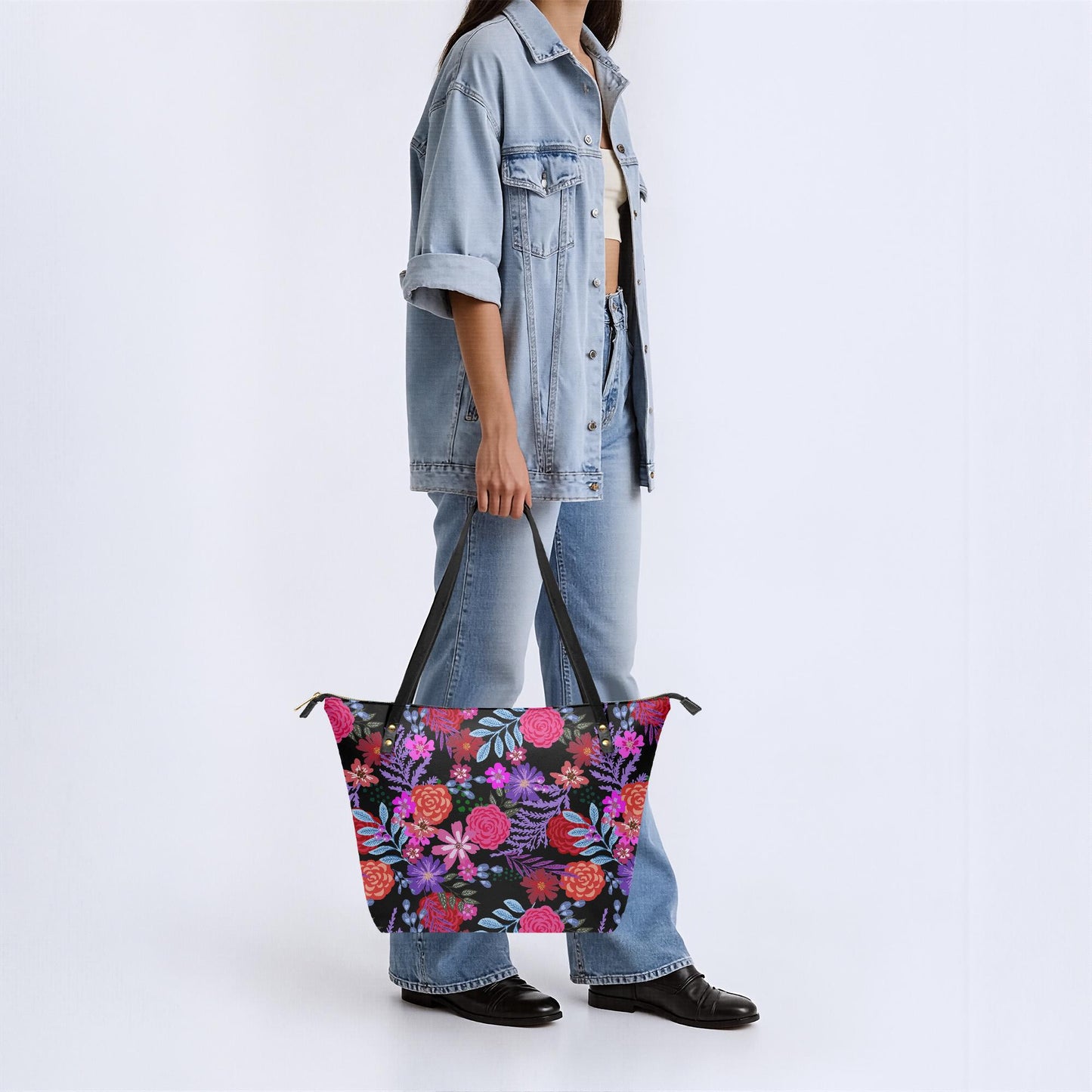 Bold Floral Roomy Tote Bag - Large Shoulder Handbag Black Pink Purple Shopper